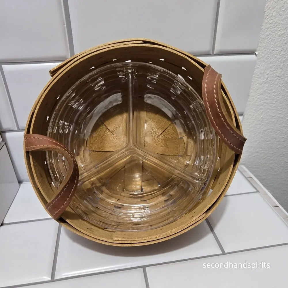 Longaberger Round Button Basket Set w 3-Section Plastic Divided Protector